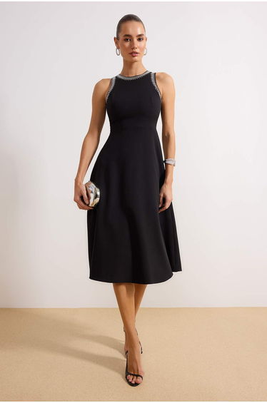 Black A-Cut Woven Dress with Stone Accessories