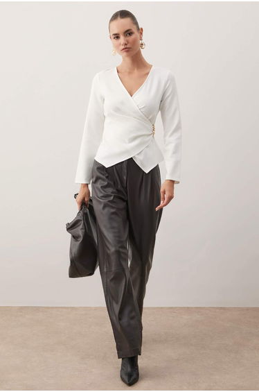 Ecru double-breasted buckle detailed woven blouse
