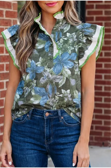 Lvness Green Ruffled Short Sleeve Floral Summer Blouse