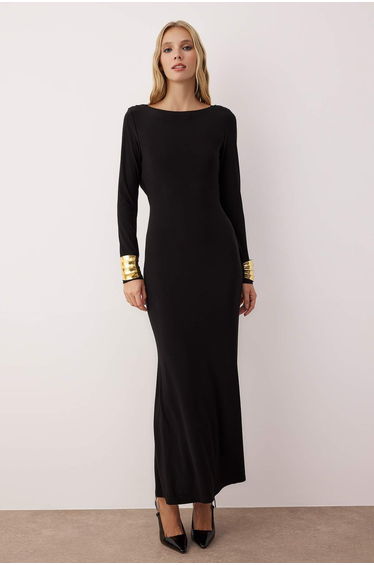 Black Plain Knit Sandy Maxi Unlined Graduation/Prom Dress
