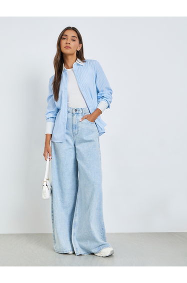 Blue Contrast Cuff Pinstripe Shirt