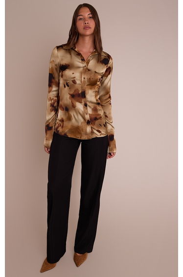 Brown Floral Abstract Print Satin Fitted Shirt