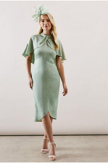 Petite Satin Cape Sleeve Keyhole Dress