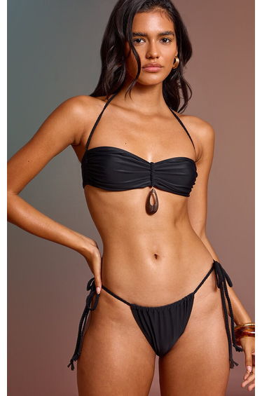 Black Plaited Wood Ring Detail Ruched Bikini Top