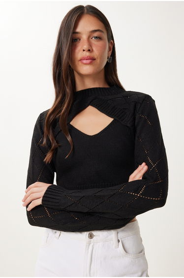 Women's Black Turtleneck Knitted Tank Crop Set