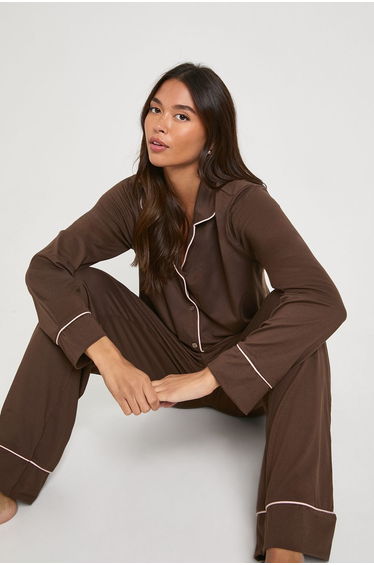 Jersey Piping Detail Long Sleeve Shirt & Trousers Pyjama Set