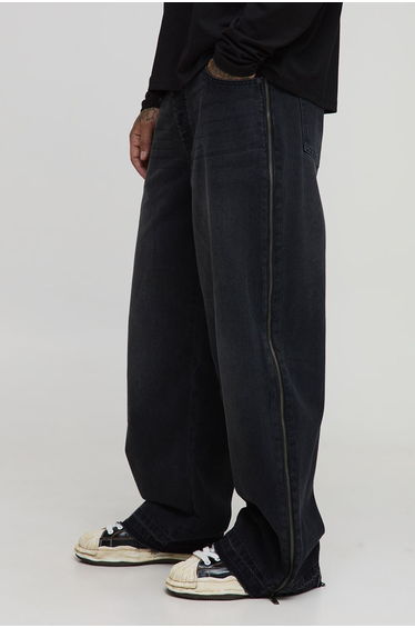 Tall Let Down Hem Zip Gusset Baggy Jeans - washed black