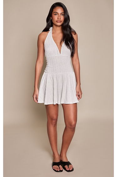 White Stripe Halter Jersey Mini Dress