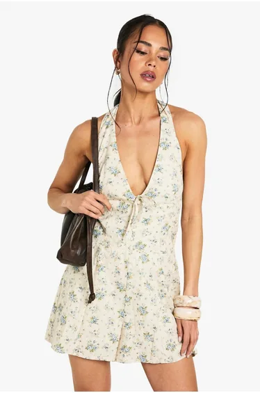Ditsy Floral Halterneck Playsuit - ecru