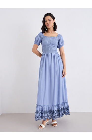 Blue Embroidered Hem Maxi Dress
