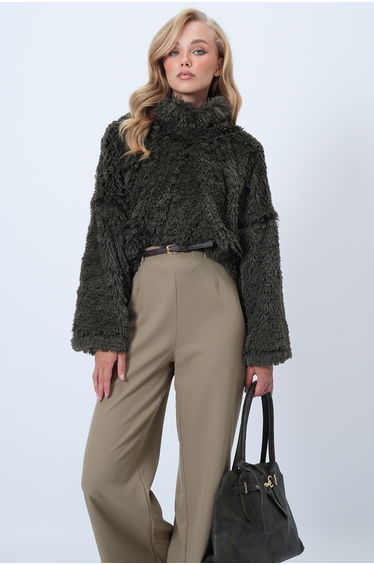 Women's Khaki Mock Neck Furry Plush Blouse