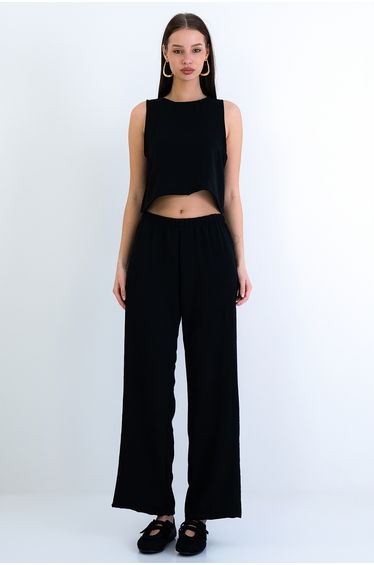 Women's Black Crew Neck Aerobin Crop Blouse and Trousers Set