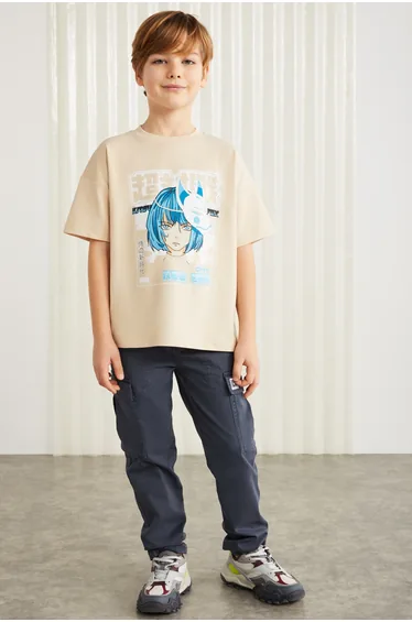 GRIMELANGE BRODERICK-GRM24013 100% cotton printed short sleeve boys t-shirt Beige T-Shirt