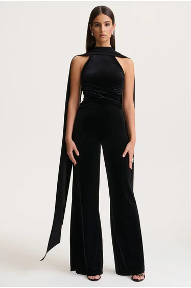 Madalina | Black High-Neck Jumpsuit With Scarf-Detail