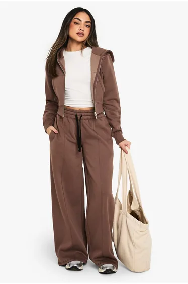 Contrast Stitch Shrunken Zip Through Hoodie - mocha