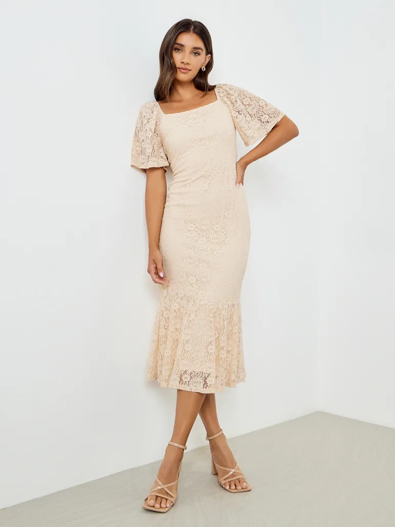 Women Beige Lace Mermaid Hem Midi Dress