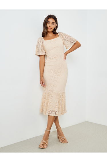 Women Beige Lace Mermaid Hem Midi Dress