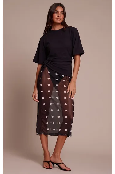 Black Mesh Polka Dot Midi Skirt