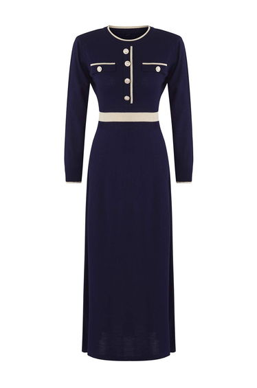 Navy Blue Buttoned Knit Dress