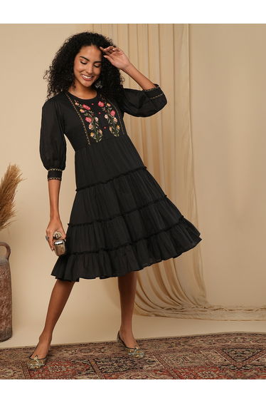 Black Embroidered Yoke Fusion Knee Length Dress