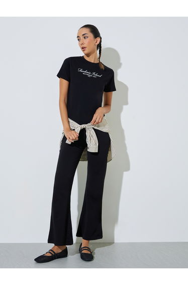 Black Cotton Text Print T-Shirt and Flared Leggings Co-Ord Set