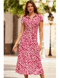 Pink Abstract Print Twist Detail Midi Jersey Dress - 1