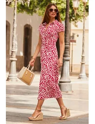 Pink Abstract Print Twist Detail Midi Jersey Dress