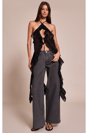Black Chiffon Ruffle Drape Detail Longline Top