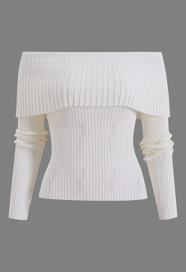 Off‑Shoulder Distressed Cutout Ribbed Knit Top in White for Holiday Weekend & Party Gathering - 2