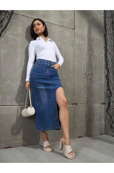 Blue Denim Bodycon Midi Skirt