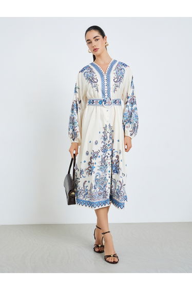 Women Bohemian Printed Belted Shirt Midi Dress