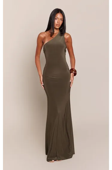 Tall Deep Olive Double Layer Slinky Backless Ring Detail Ruched Maxi Dress