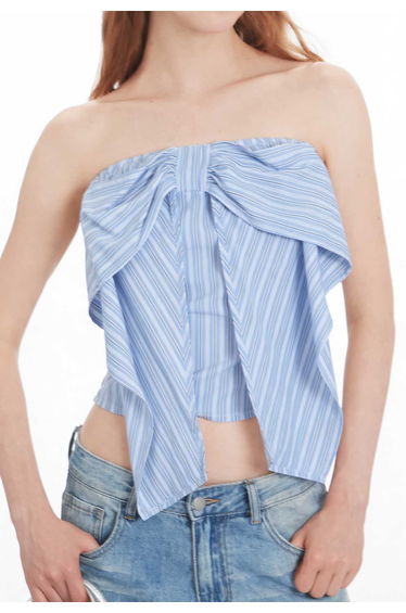 Striped Bowknot Shirred Strapless Crop Top in Sky Blue for Beachside Strolls & Weekend Outings