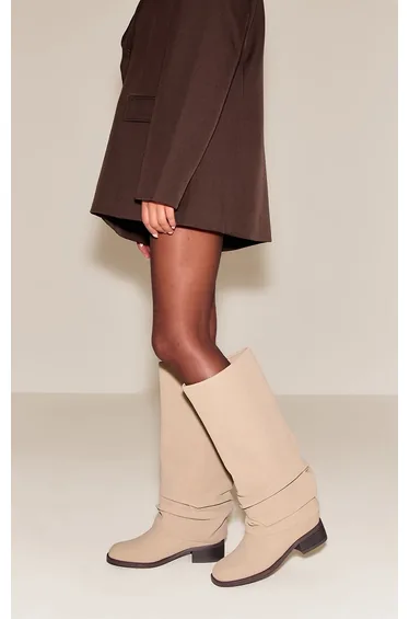 Stone Ruched Block Heeled Knee High Boot