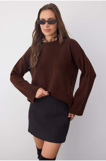 Wardrobe Essentials Brown Soft Textured Loose Fit Basic Knit Sweater