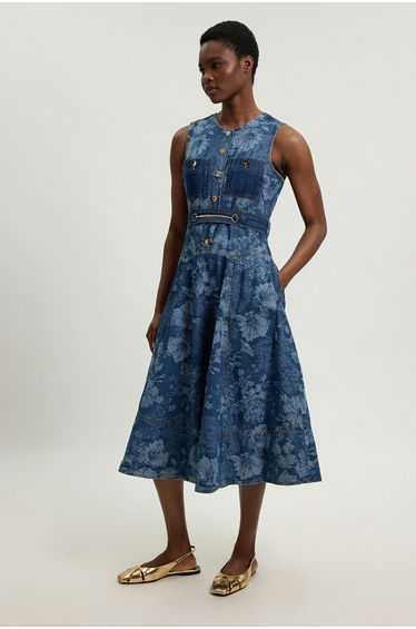 Petite Jacquard Denim Full Skirted Midi Dress