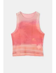 Pink Printed Fitted Crew Neck Sleeveless Tulle Knitted Blouse - 5