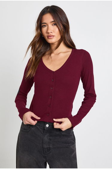 Ribbed Button Through V Neck Long Sleeve Top - wine