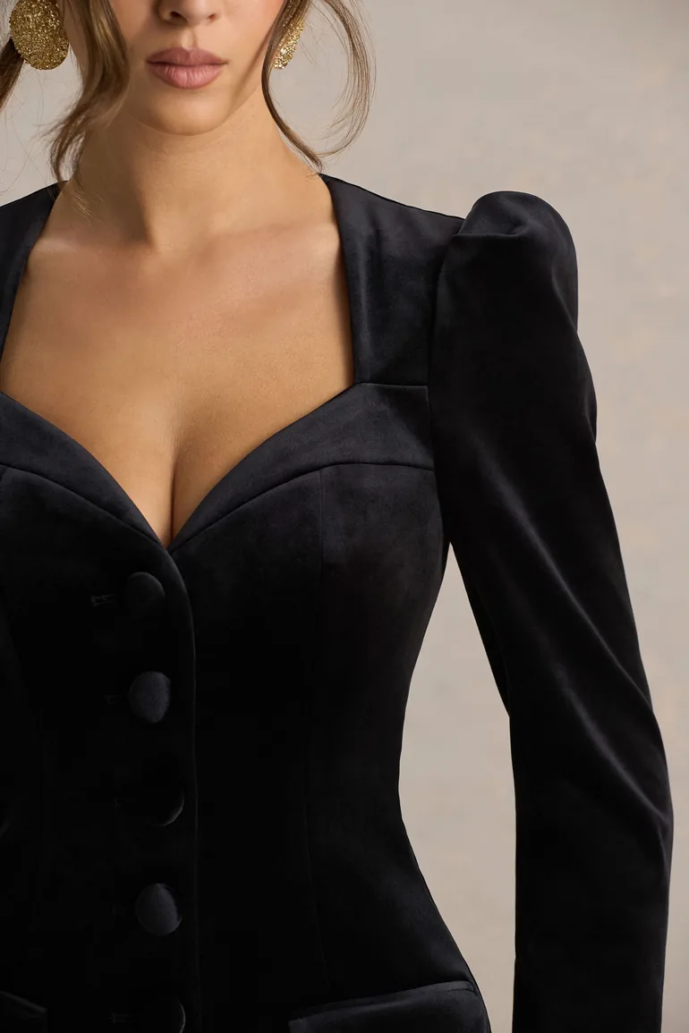 Friya | Black Velvet Sweetheart-Neck Tailored Mini Dress - 5