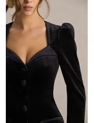 Friya | Black Velvet Sweetheart-Neck Tailored Mini Dress - 5