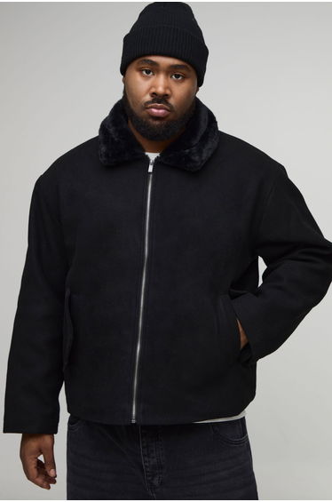 Plus Boxy Fit Faux Fur Collar Wool Look Jacket - black
