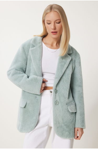 Women's Green Double Breasted Lapel Long Faux Fur Coat