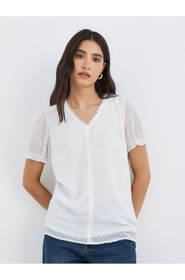 Textured V Neck Lace Trim Puff Sleeve Top
