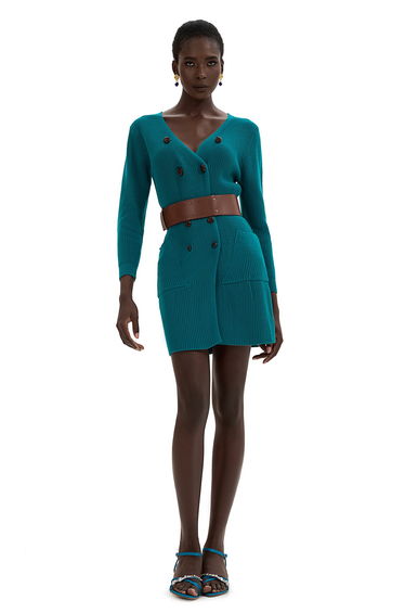 Monique Knit Mini Dress With Belt in Green