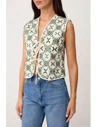 Green Geometric Patterned Embroidered Woven Vest - 2