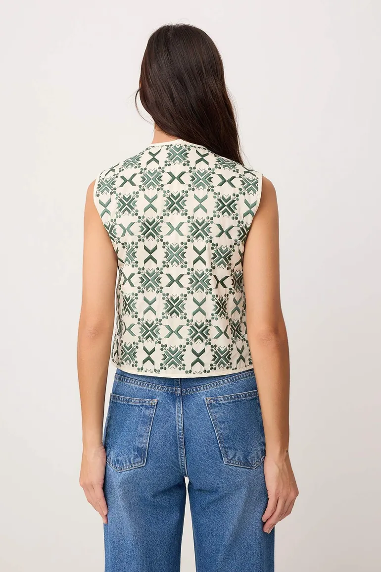 Green Geometric Patterned Embroidered Woven Vest - 3