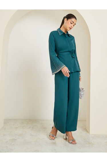 Teal Embellished Shirt and Trousers Co-Ords