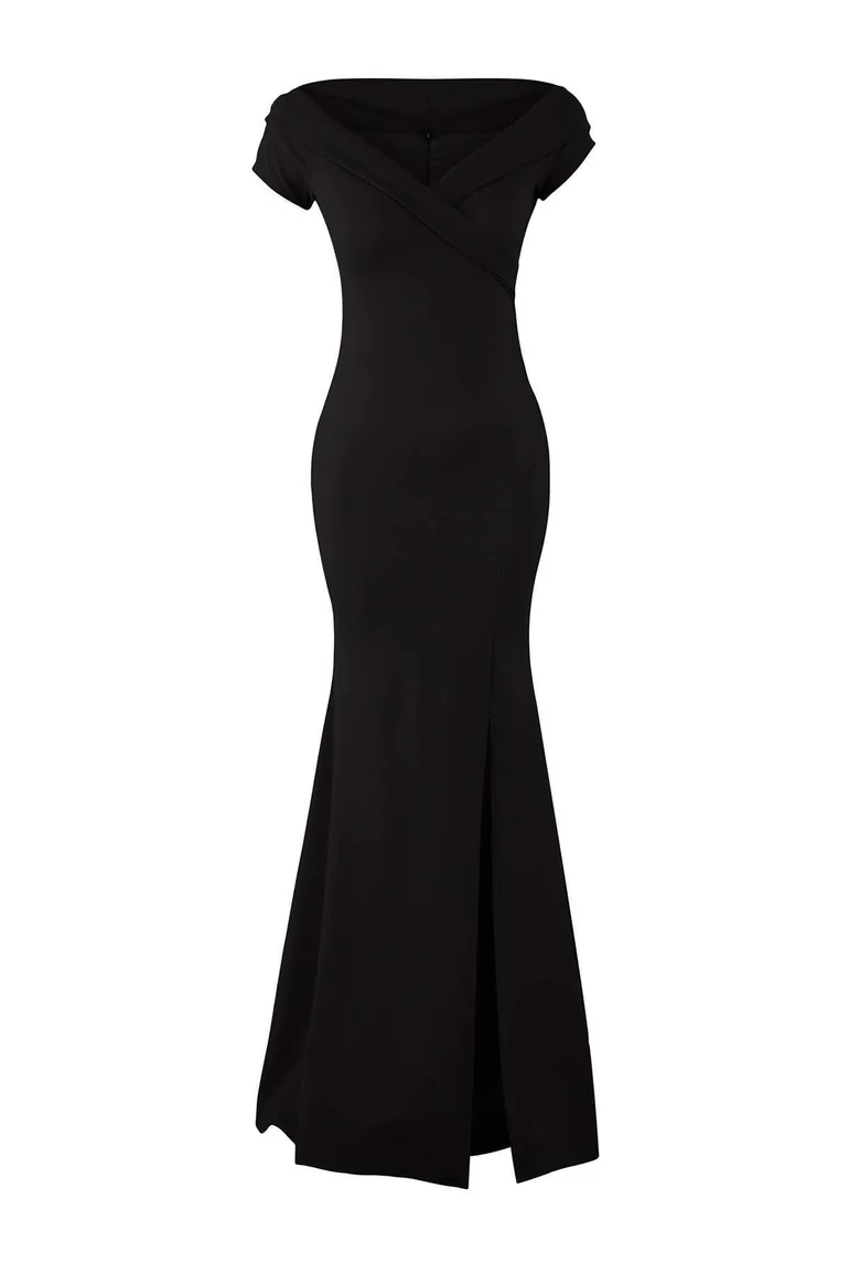 Black Carmen Neck Mermaid Cut Maxi Elegant Evening Night Graduation Dress - 4