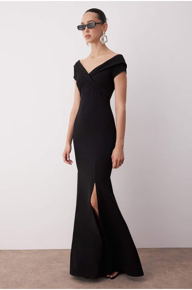 Black Carmen Neck Mermaid Cut Maxi Elegant Evening Night Graduation Dress