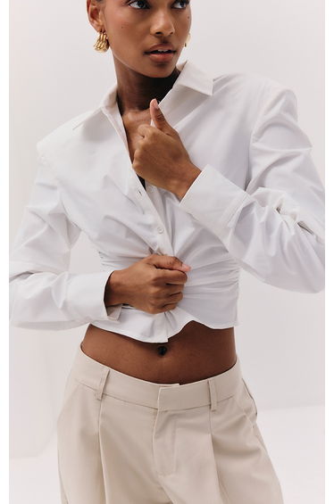 White Ruched Shoulder Pad Detail Shirt